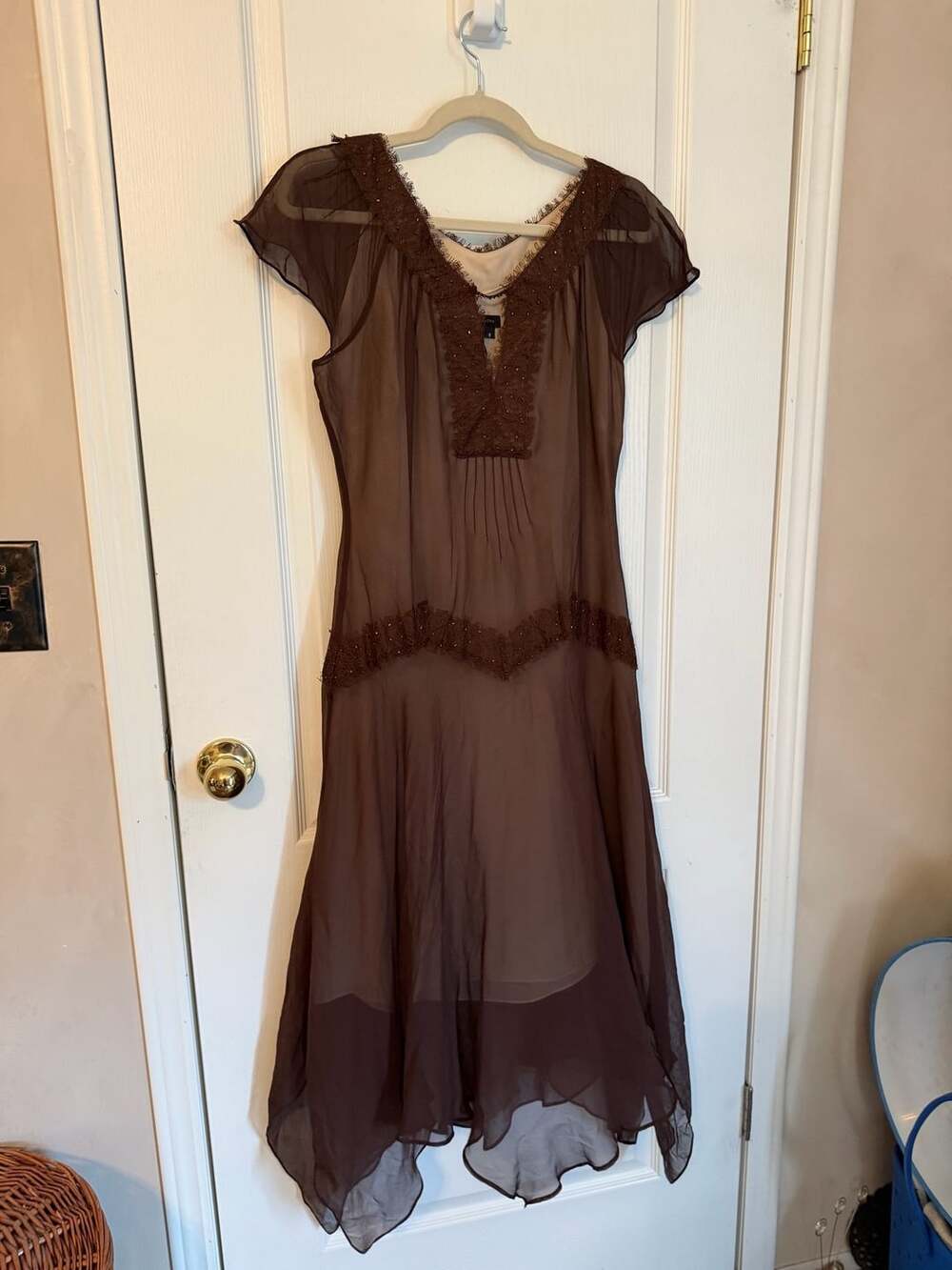 BCBGMaxazria Silk Beaded Lace Drop Waist Dress Size 8 Brown